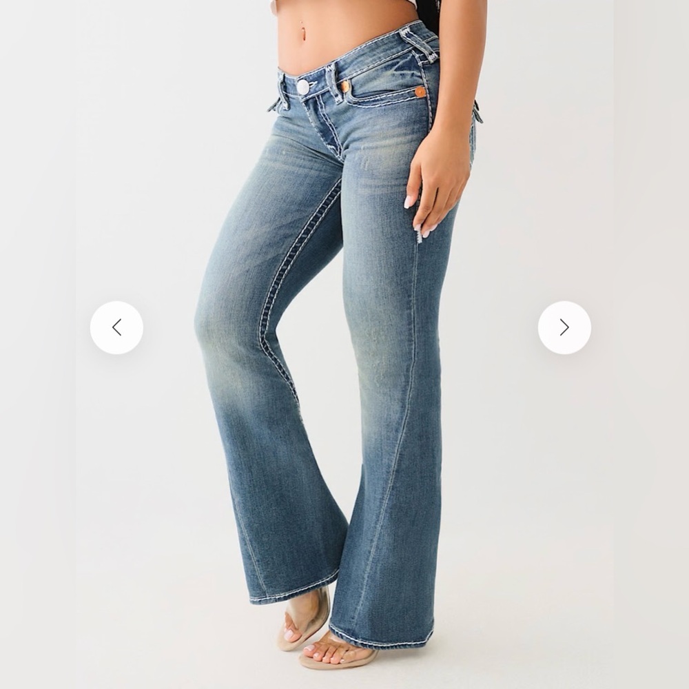 True Religion Women's Wide Leg Flare Jeans in Faded Blue Denim